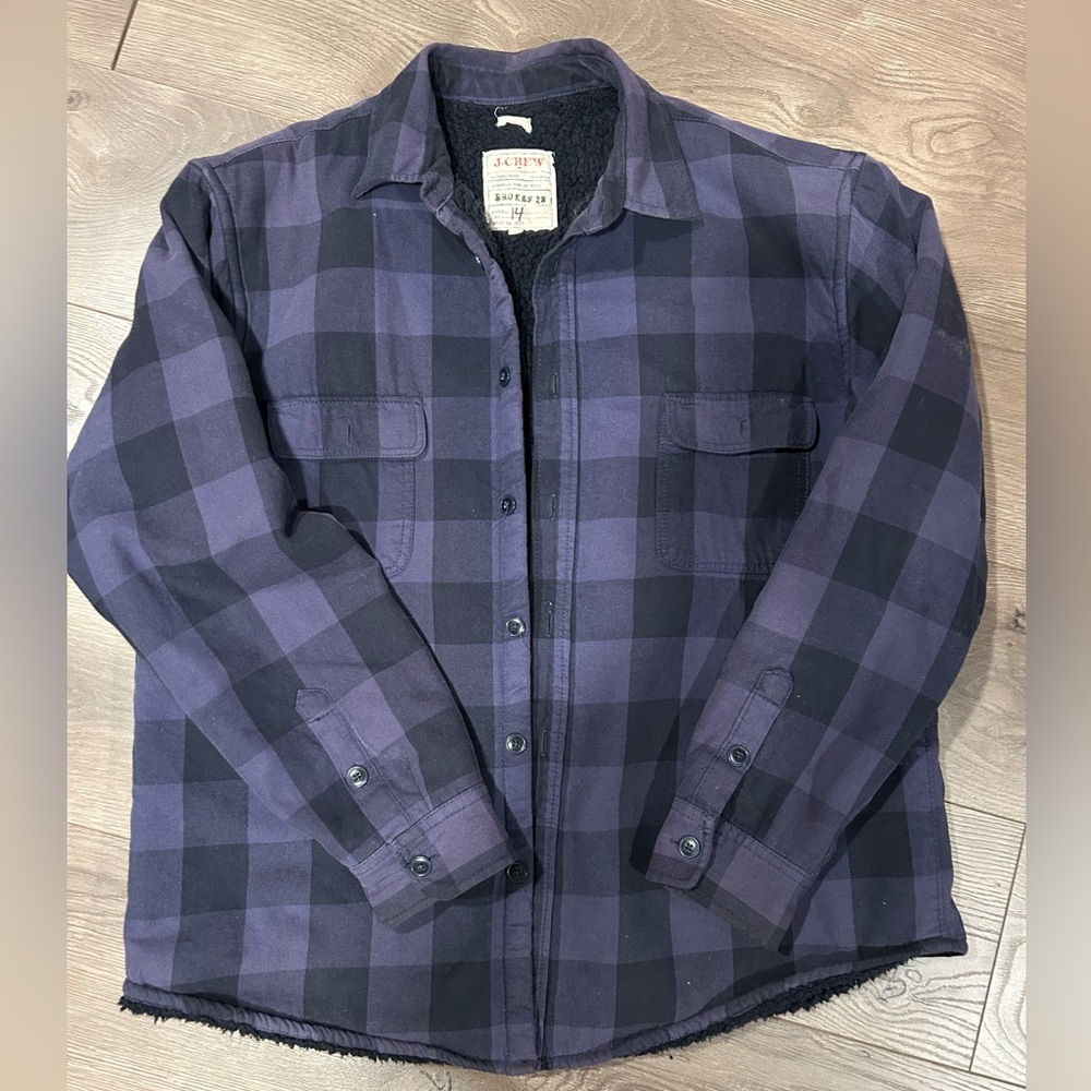 J. Crew Men's Broken In Blue/Black Plaid Sherpa-Lined Shirt Jacket, size XL